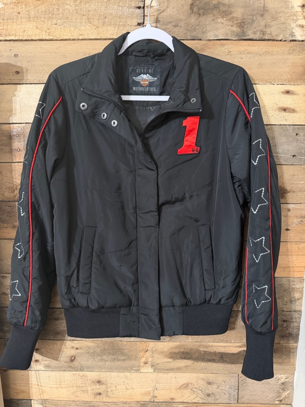 Harley-Davidson Black Bomber Jacket with Red Accents and Star Sleeves